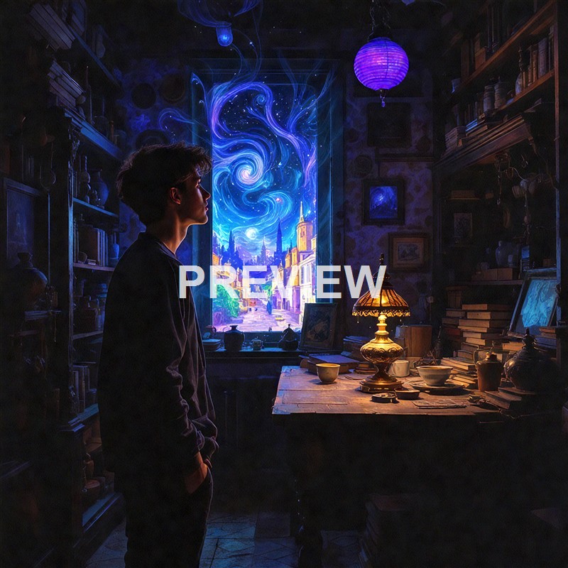 A young man standing in a dimly lit, cluttered room gazing at a vibrant, swirling galaxy scene displayed through a large window, with a warm table lamp casting a soft glow on the surroundings.